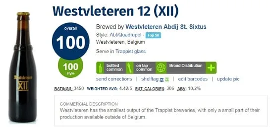 Calificaciones RateBeer para Westvleteren 12 Ratebeer Westvleteren
