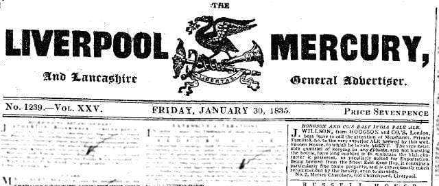 El primer uso conocido de la expresión India Pale Ale viene de un anuncio en el periódico Liverpool Mercury publicado 30 de enero 1835. hodgsoneipajan1835