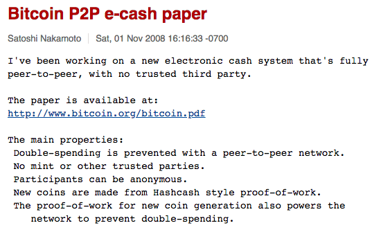 Primera publicación de Satoshi Nakamoto en 2008 Primera publicación de Satoshi Nakamoto en 2008