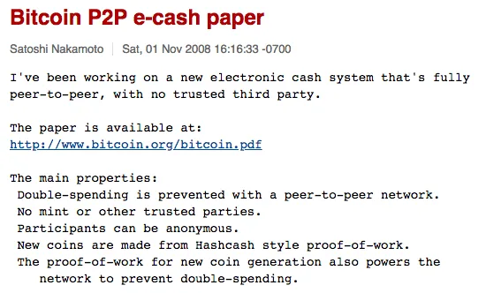 Primera publicación de Satoshi Nakamoto en 2008 Primera publicación de Satoshi Nakamoto en 2008