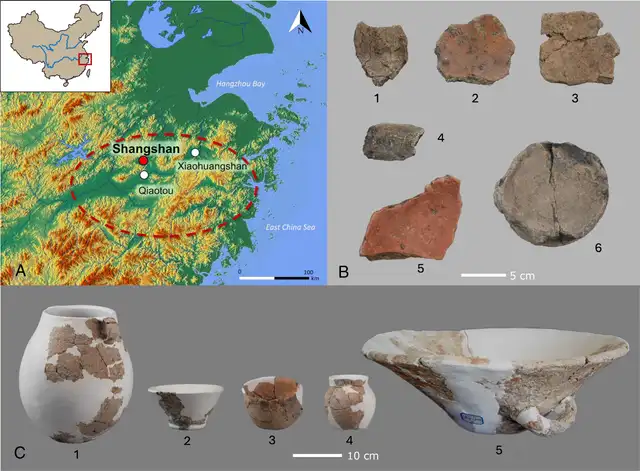 Mapa yacimientos Shangshan análisis arqueológico Mapa del yacimiento neolítico de Shangshan y análisis arqueológico de fragmentos cerámicos, Zhejiang, China