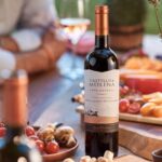 Copa de vino Carmenere chileno en una mesa para celebrar el Dia Nacional del Vino