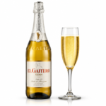 Botella de sidra y copa burbujeante