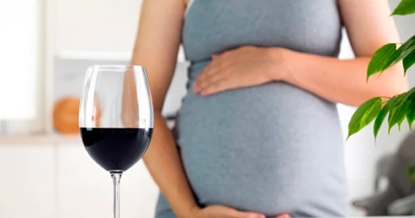 Mujer embarazada junto a una copa de vino tinto, el consumo de alcohol durante el embarazo