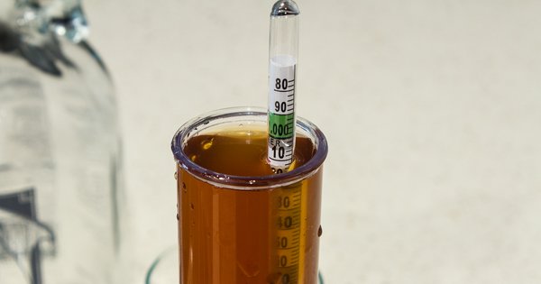 Densímetro flotando en una probeta con cerveza ámbar para medir la densidad y calcular la atenuación de la cerveza