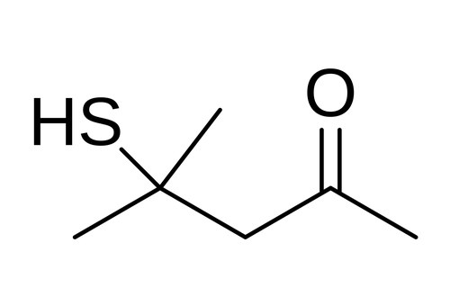 4MMP Estructura química del 4MMP, uno de los tioles del lúpulo que dan aroma de maracuyá y grosella a las IPA juicy