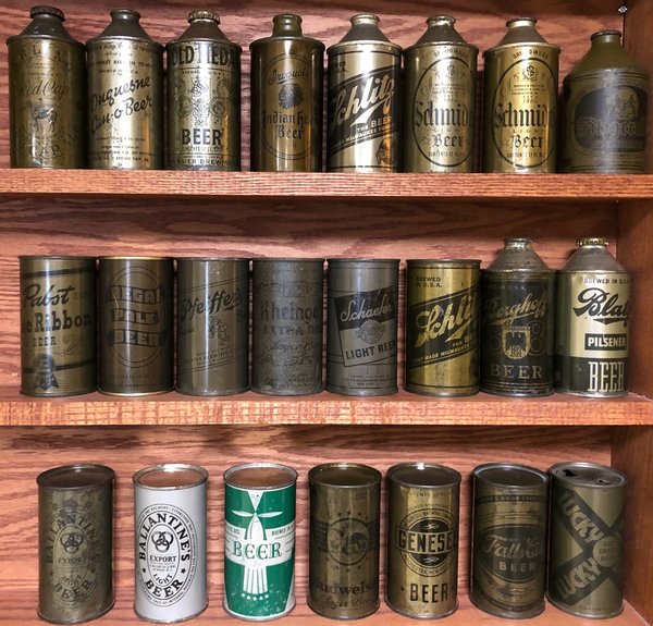 Latas de cerveza de la Segunda Guerra Mundial Latas de cerveza color verde oliva de la Segunda Guerra Mundial, cónicas y planas