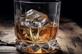 Vaso de licor con hielo sobre una mesa de madera, ilustración de los tipos de alcoholismo