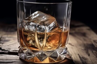 Vaso de licor con hielo sobre una mesa de madera, ilustración de los tipos de alcoholismo