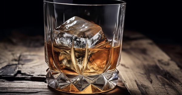 Vaso de licor con hielo sobre una mesa de madera, ilustración de los tipos de alcoholismo