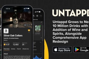 Pantallas de Untappd 5.0 con la ficha de una bodega y el anuncio de casi 10 millones de bebidas