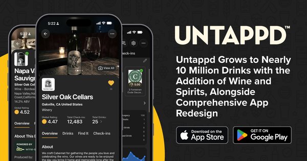 Pantallas de Untappd 5.0 con la ficha de una bodega y el anuncio de casi 10 millones de bebidas